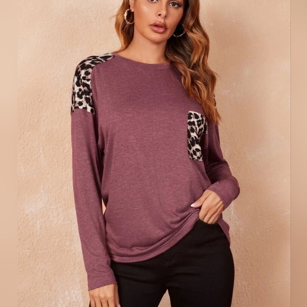 Leopard Print Pocket Patched Drop Shoulder Tee Maroon/Redwood